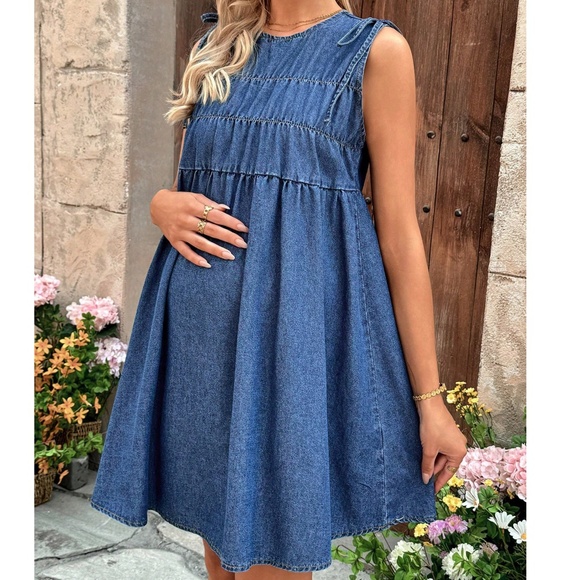 Dresses & Skirts - Maternity Dark Wash Sleeveless Shoulder Tie Denim Dress